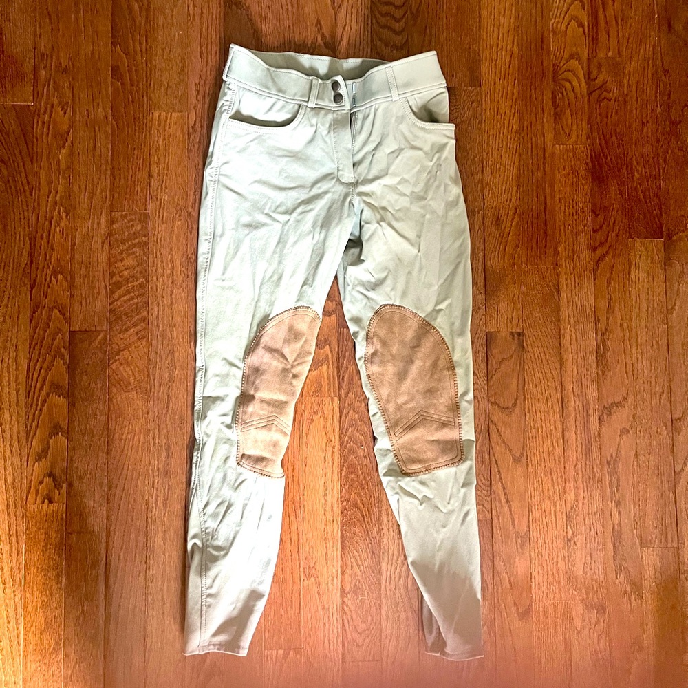 Ovation Knee Patch Breeches, tan size 26 jodhpurs riding pants with brown sued